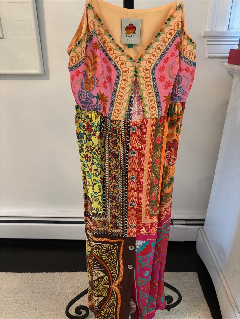 FARM Rio Vibrant Patchwork Maxi Dress in Pink, Yellow, Orange, Teal, Brown